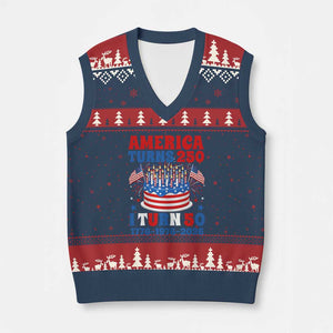 America Turns 250 I Turn 50 Funny 1976 Birthday V-Neck Knit Sweater Vest American Flag Cake 1776 to 2026 Semiquincentennial TS02 Navy Red Print Your Wear