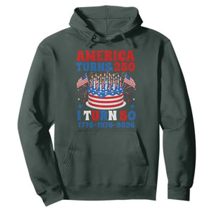 America Turns 250 I Turn 50 Funny 1976 Birthday Hoodie American Flag Cake 1776 to 2026 Semiquincentennial TS02 Dark Forest Green Print Your Wear