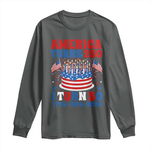America Turns 250 I Turn 50 Funny 1976 Birthday Long Sleeve Shirt American Flag Cake 1776 to 2026 Semiquincentennial TS02 Dark Heather Print Your Wear