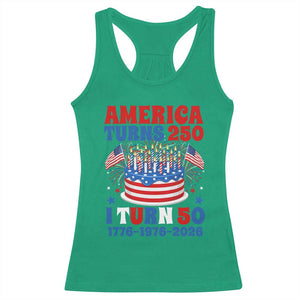 America Turns 250 I Turn 50 Funny 1976 Birthday Racerback Tank Top American Flag Cake 1776 to 2026 Semiquincentennial TS02 Irish Green Print Your Wear