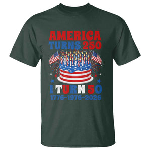 America Turns 250 I Turn 50 Funny 1976 Birthday T Shirt American Flag Cake 1776 to 2026 Semiquincentennial TS02 Dark Forest Green Print Your Wear