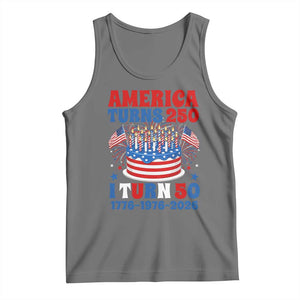 America Turns 250 I Turn 50 Funny 1976 Birthday Tank Top American Flag Cake 1776 to 2026 Semiquincentennial TS02 Black Heather Print Your Wear