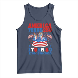 America Turns 250 I Turn 50 Funny 1976 Birthday Tank Top American Flag Cake 1776 to 2026 Semiquincentennial TS02 Navy Print Your Wear