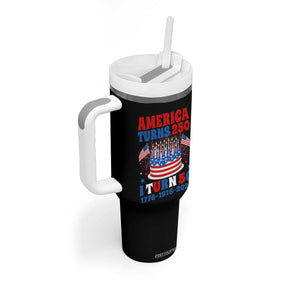 America Turns 250 I Turn 50 Funny 1976 Birthday Tumbler With Handle American Flag Cake 1776 to 2026 Semiquincentennial TS02 Print Your Wear