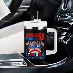 America Turns 250 I Turn 50 Funny 1976 Birthday Tumbler With Handle American Flag Cake 1776 to 2026 Semiquincentennial TS02 Print Your Wear