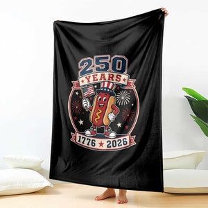 250 Years 1776 to 2026 Cartoon Hot Dog Throw Blanket Funny Uncle Sam Top Hat Waving American Flag Semiquincentennial TS02 Print Your Wear