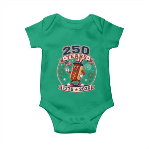 250 Years 1776 to 2026 Cartoon Hot Dog Baby Onesie Funny Uncle Sam Top Hat Waving American Flag Semiquincentennial TS02 Irish Green Print Your Wear