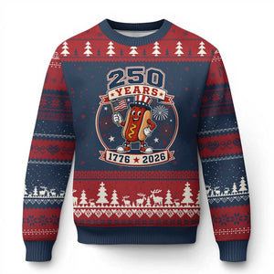 250 Years 1776 to 2026 Cartoon Hot Dog Ugly Christmas Sweater Funny Uncle Sam Top Hat Waving American Flag Semiquincentennial TS02 Navy Red Print Your Wear