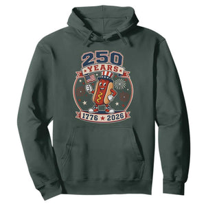 250 Years 1776 to 2026 Cartoon Hot Dog Hoodie Funny Uncle Sam Top Hat Waving American Flag Semiquincentennial TS02 Dark Forest Green Print Your Wear