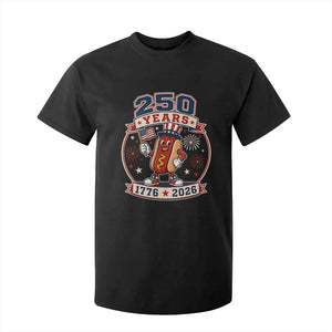 250 Years 1776 to 2026 Cartoon Hot Dog T Shirt For Kid Funny Uncle Sam Top Hat Waving American Flag Semiquincentennial TS02 Black Print Your Wear