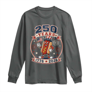 250 Years 1776 to 2026 Cartoon Hot Dog Long Sleeve Shirt Funny Uncle Sam Top Hat Waving American Flag Semiquincentennial TS02 Dark Heather Print Your Wear