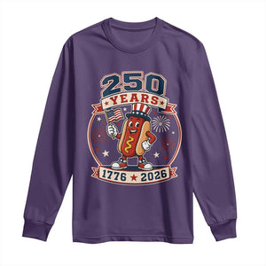 250 Years 1776 to 2026 Cartoon Hot Dog Long Sleeve Shirt Funny Uncle Sam Top Hat Waving American Flag Semiquincentennial TS02 Purple Print Your Wear