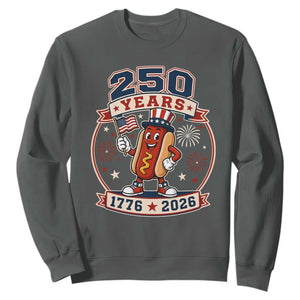 250 Years 1776 to 2026 Cartoon Hot Dog Sweatshirt Funny Uncle Sam Top Hat Waving American Flag Semiquincentennial TS02 Dark Heather Print Your Wear