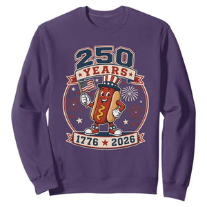 250 Years 1776 to 2026 Cartoon Hot Dog Sweatshirt Funny Uncle Sam Top Hat Waving American Flag Semiquincentennial TS02 Purple Print Your Wear