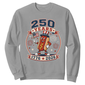 250 Years 1776 to 2026 Cartoon Hot Dog Sweatshirt Funny Uncle Sam Top Hat Waving American Flag Semiquincentennial TS02 Sport Gray Print Your Wear