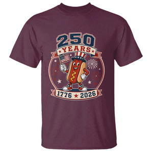 250 Years 1776 to 2026 Cartoon Hot Dog T Shirt Funny Uncle Sam Top Hat Waving American Flag Semiquincentennial TS02 Maroon Print Your Wear