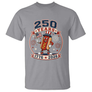 250 Years 1776 to 2026 Cartoon Hot Dog T Shirt Funny Uncle Sam Top Hat Waving American Flag Semiquincentennial TS02 Sport Gray Print Your Wear