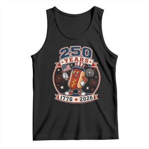 250 Years 1776 to 2026 Cartoon Hot Dog Tank Top Funny Uncle Sam Top Hat Waving American Flag Semiquincentennial TS02 Black Print Your Wear