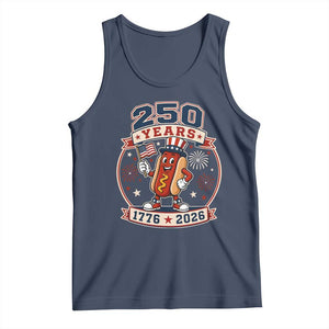 250 Years 1776 to 2026 Cartoon Hot Dog Tank Top Funny Uncle Sam Top Hat Waving American Flag Semiquincentennial TS02 Navy Print Your Wear