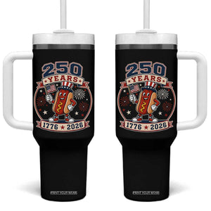 250 Years 1776 to 2026 Cartoon Hot Dog Tumbler With Handle Funny Uncle Sam Top Hat Waving American Flag Semiquincentennial TS02 One Size: 40 oz Black Print Your Wear