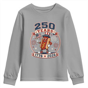 250 Years 1776 to 2026 Cartoon Hot Dog Youth Sweatshirt Funny Uncle Sam Top Hat Waving American Flag Semiquincentennial TS02 Sport Gray Print Your Wear