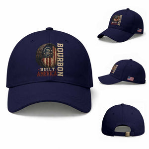 Bourbon Built America Vintage Distressed Graphic Baseball Cap American Flag Whiskey Barrel 1776 to 2026 Semiquincentennial Patriotic TS02 Baseball Cap Universal Fit Dark Blue Print Your Wear