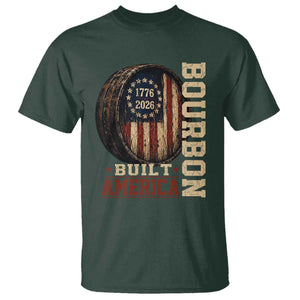 Bourbon Built America Vintage Distressed Graphic T Shirt American Flag Whiskey Barrel 1776 to 2026 Semiquincentennial Patriotic TS02 Dark Forest Green Print Your Wear