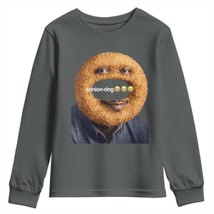 Funny Sonion Ring Cursed Meme Graphic Youth Sweatshirt Surreal Deep Fried Onion Ring Joke TS02 Dark Heather Print Your Wear