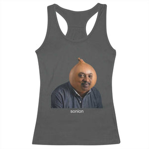 Viral Sonion Surreal Meme Racerback Tank Top Funny Crying Onion Man Aesthetic Joke TS02 Dark Heather Print Your Wear