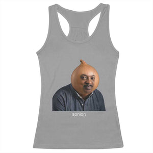 Viral Sonion Surreal Meme Racerback Tank Top Funny Crying Onion Man Aesthetic Joke TS02 Sport Gray Print Your Wear