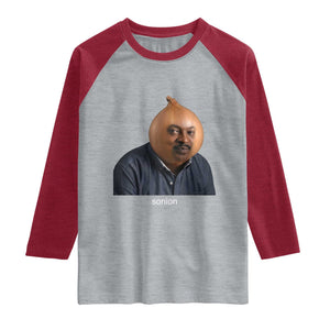 Viral Sonion Surreal Meme Raglan Shirt Funny Crying Onion Man Aesthetic Joke TS02 Heather Gray Heather Red Print Your Wear