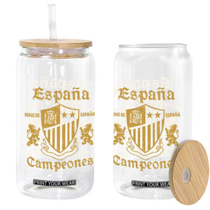 Reino De Espana Campeones Crest Graphic Glass Can Vintage Spain Champions 2 Stars Spanish Pride Sports Fan