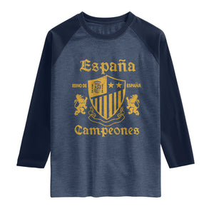 Reino De Espana Campeones Crest Graphic Raglan Shirt Vintage Spain Champions 2 Stars Spanish Pride Sports Fan