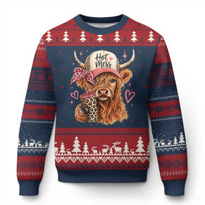 Hot Mess Highland Cow Pink Leopard Coquette Ugly Christmas Sweater Cute Western Country Mom Life