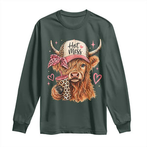 Hot Mess Highland Cow Pink Leopard Coquette Long Sleeve Shirt Cute Western Country Mom Life