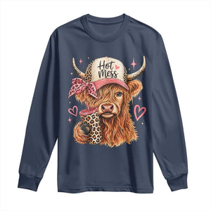 Hot Mess Highland Cow Pink Leopard Coquette Long Sleeve Shirt Cute Western Country Mom Life