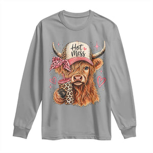Hot Mess Highland Cow Pink Leopard Coquette Long Sleeve Shirt Cute Western Country Mom Life
