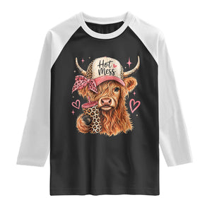 Hot Mess Highland Cow Pink Leopard Coquette Raglan Shirt Cute Western Country Mom Life