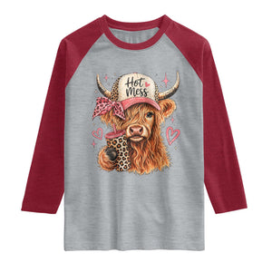 Hot Mess Highland Cow Pink Leopard Coquette Raglan Shirt Cute Western Country Mom Life