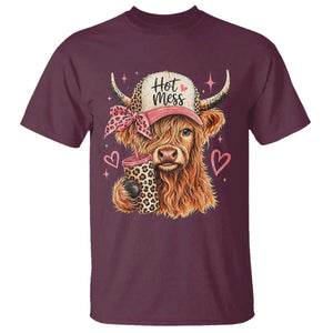 Hot Mess Highland Cow Pink Leopard Coquette T Shirt Cute Western Country Mom Life