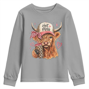 Hot Mess Highland Cow Pink Leopard Coquette Youth Sweatshirt Cute Western Country Mom Life