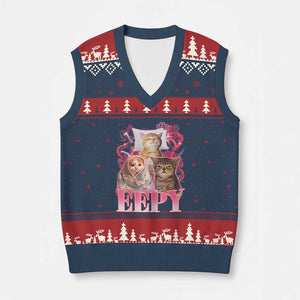 Eepy Sleepy Cats Y2K Bootleg Meme Graphic V-Neck Knit Sweater Vest Funny Internet Culture Humor