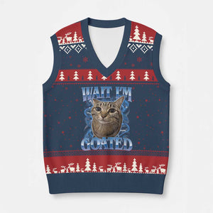 Funny Cat Blue Flame Y2K Bootleg Meme Graphic V-Neck Knit Sweater Vest Wait Im Goated Retro Internet Culture Humor