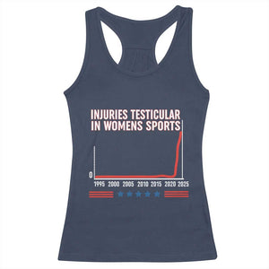 Testicular Injuries in Womens Sports Satirical Graphic Racerback Tank Top Dark Humor with Controversial Commentary TS02 Navy Print Your Wear