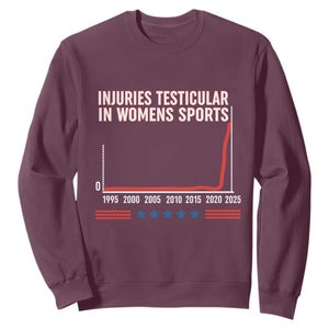 Testicular Injuries in Womens Sports Satirical Graphic Sweatshirt Dark Humor with Controversial Commentary TS02 Maroon Print Your Wear