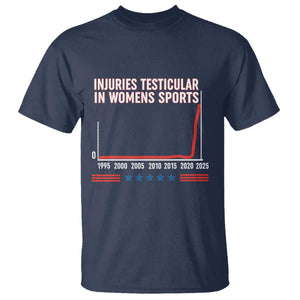 Testicular Injuries in Womens Sports Satirical Graphic T Shirt Dark Humor with Controversial Commentary TS02 Navy Print Your Wear