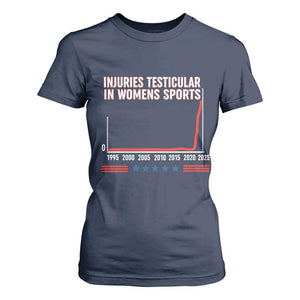 Testicular Injuries in Womens Sports Satirical Graphic T Shirt For Women Dark Humor with Controversial Commentary TS02 Navy Print Your Wear