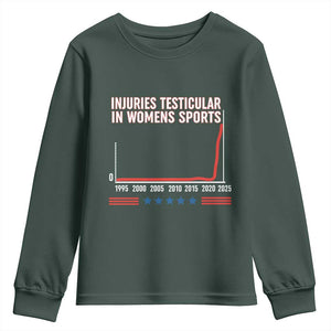 Testicular Injuries in Womens Sports Satirical Graphic Youth Sweatshirt Dark Humor with Controversial Commentary TS02 Dark Forest Green Print Your Wear
