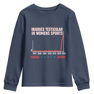 Testicular Injuries in Womens Sports Satirical Graphic Youth Sweatshirt Dark Humor with Controversial Commentary TS02 Navy Print Your Wear