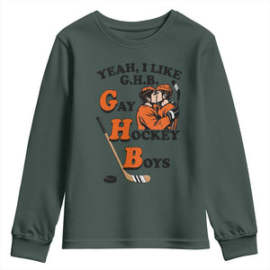 Yeah I Like GHB Gay Hockey Boys Youth Sweatshirt LGBTQ Pride Hockey Fan TS02 Dark Forest Green Print Your Wear